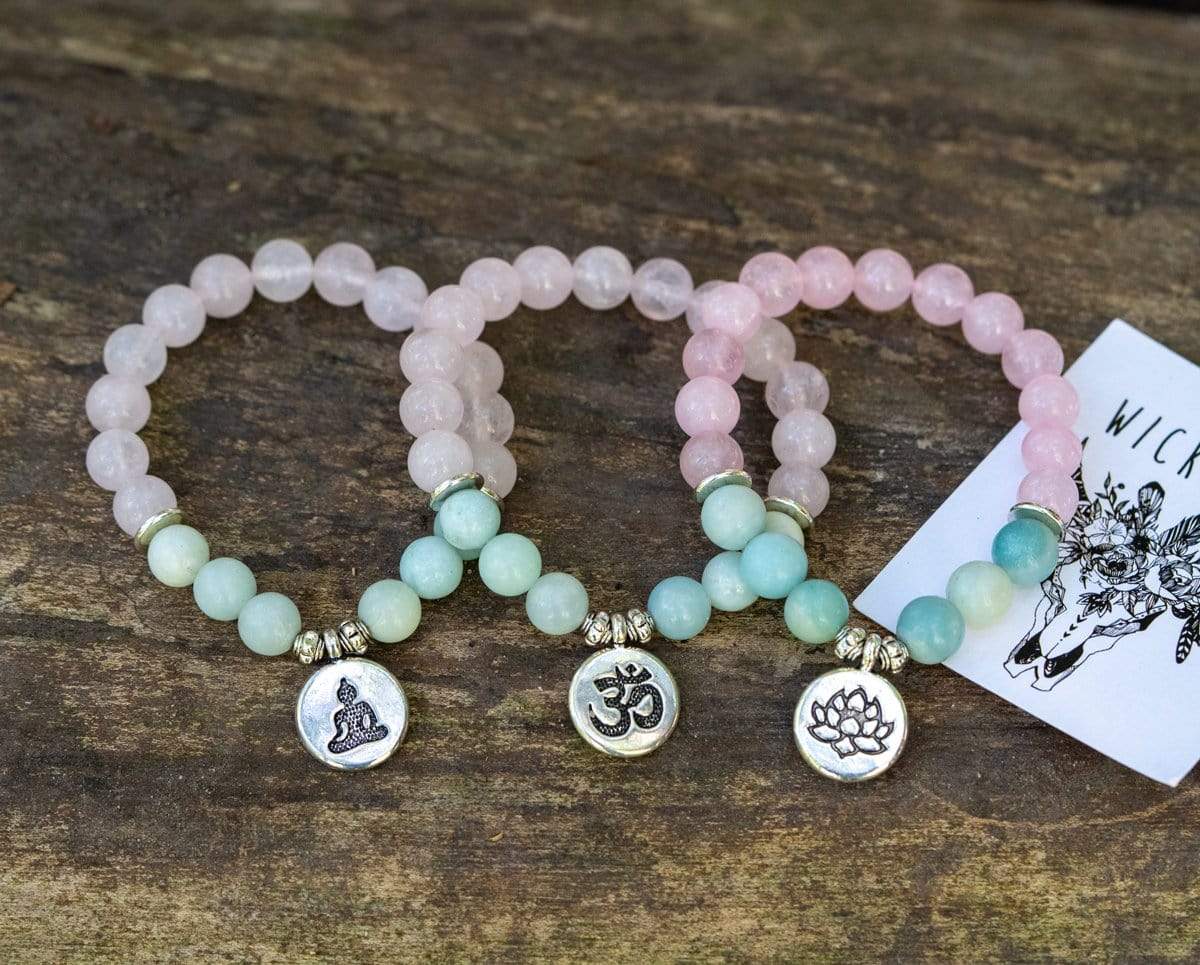 Natural Rose Quartz & Amazonite Gemstone Bead Mala Bracelet