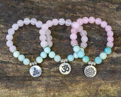 Natural Rose Quartz & Amazonite Gemstone Bead Mala Bracelet