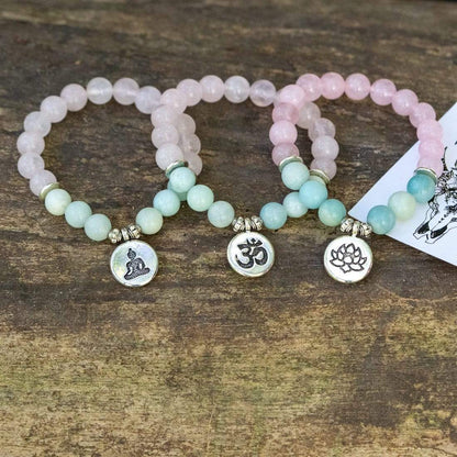 Natural Rose Quartz & Amazonite Gemstone Bead Mala Bracelet