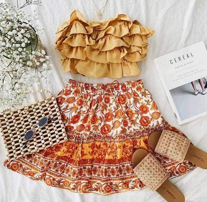 Orange Floral Print Summer Skirt