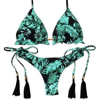 Palm Leaf Print Tassel Bikini Set