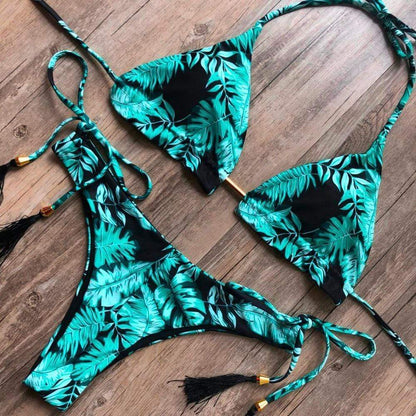 Palm Leaf Print Tassel Bikini Set