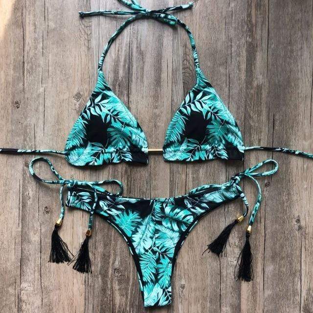 Palm Leaf Print Tassel Bikini Set