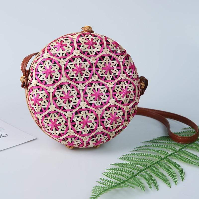 Round Colorful Flower Pattern Rattan Bag