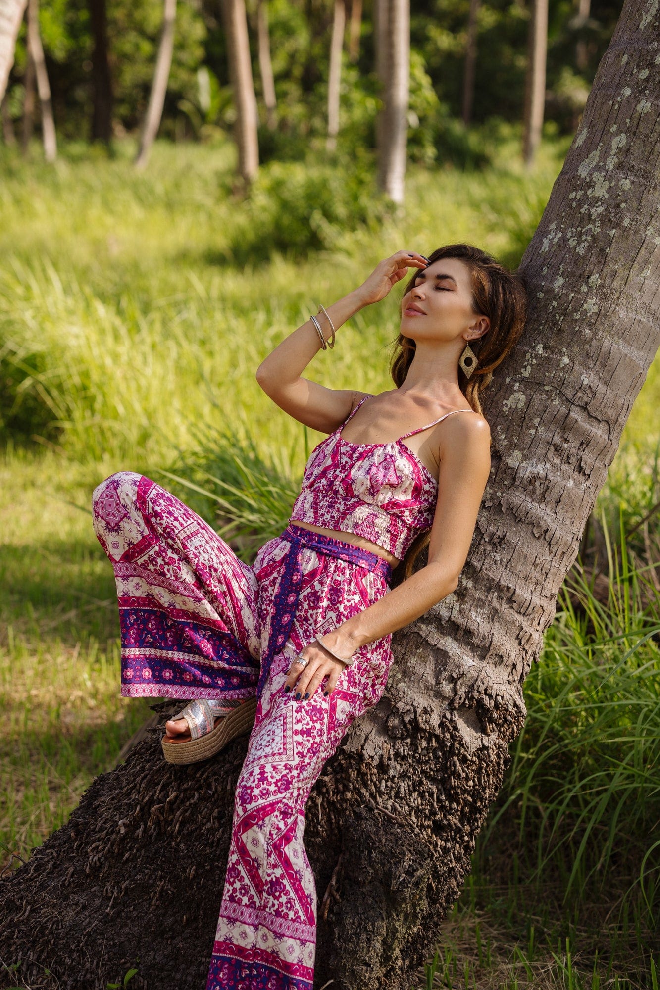 Pink Tribal Print Shirred Cami Top & Belted Trousers