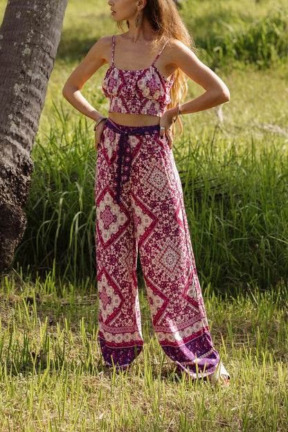 Pink Tribal Print Shirred Cami Top & Belted Trousers