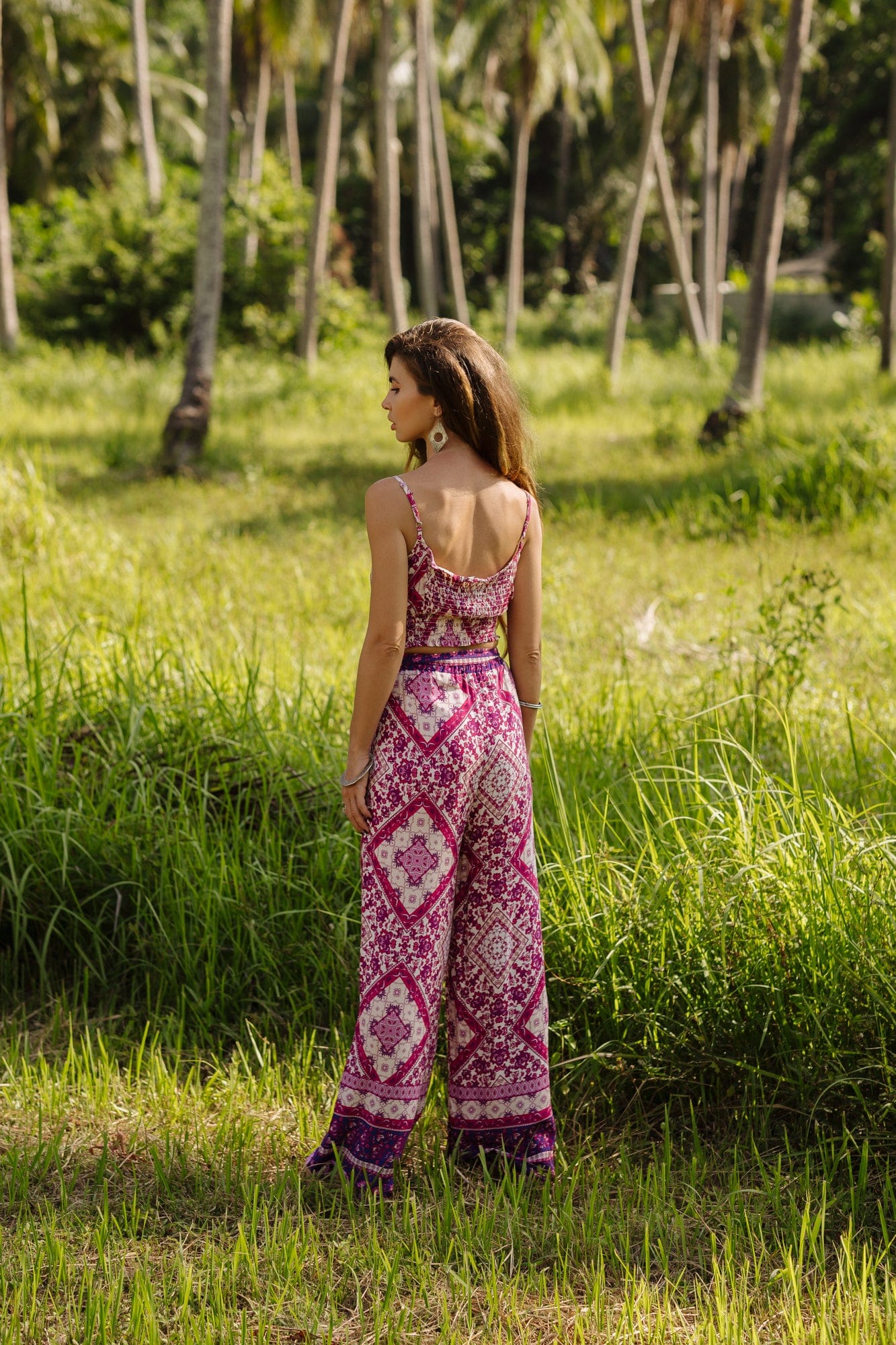 Pink Tribal Print Shirred Cami Top & Belted Trousers