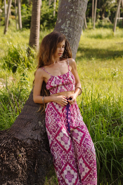 Pink Tribal Print Shirred Cami Top & Belted Trousers