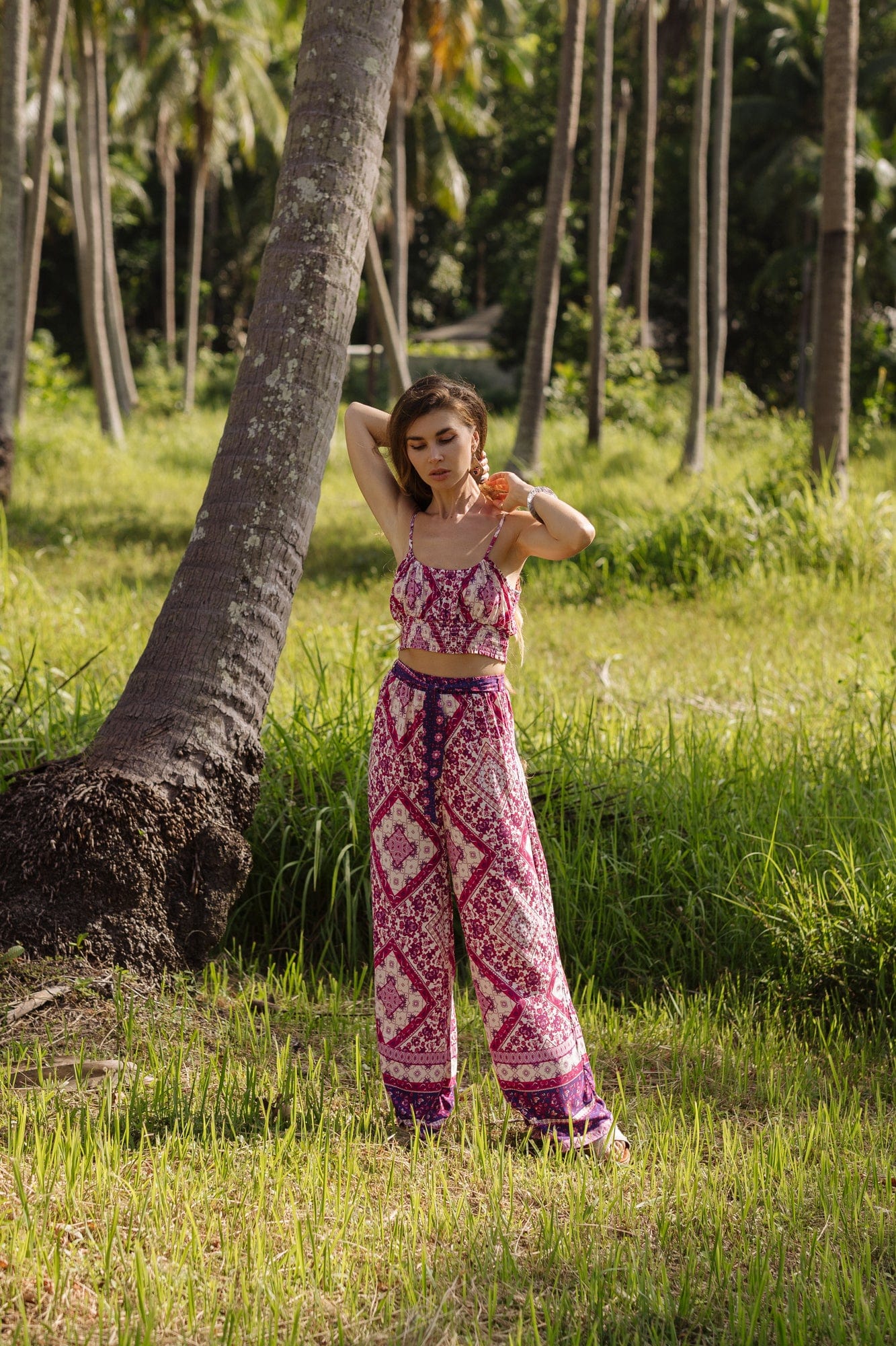 Pink Tribal Print Shirred Cami Top & Belted Trousers