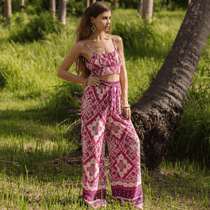 Pink Tribal Print Shirred Cami Top & Belted Trousers