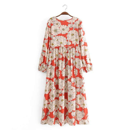 Red Floral Ethnic Style Maxi Dress