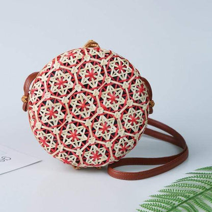 Round Colorful Flower Pattern Rattan Bag