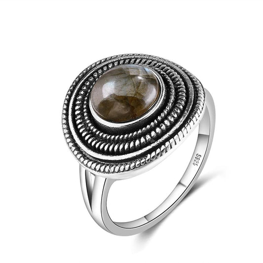 S925 Sterling Silver Natural Stone Round Ring