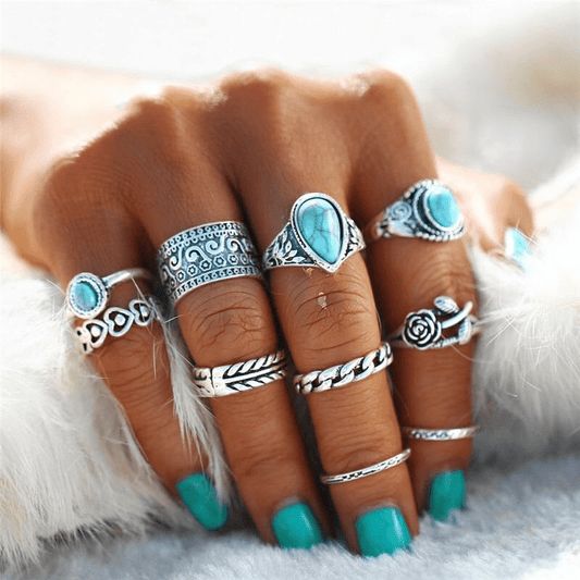 Turquoise Rose Ring Set 10 pcs