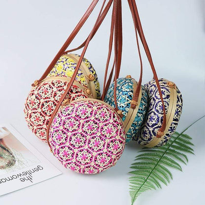 Round Colorful Flower Pattern Rattan Bag