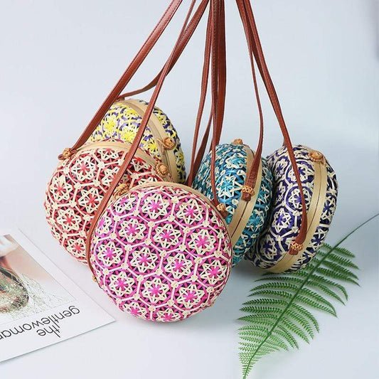 Round Colorful Flower Pattern Rattan Bag