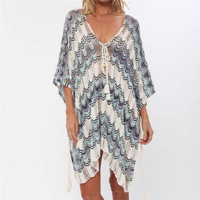 Striped Crochet Swim Cover Up Dress