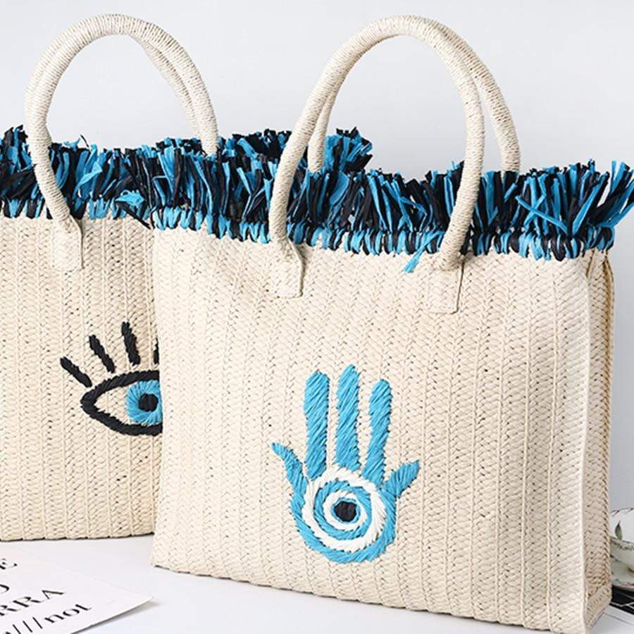 Evil Eye Hand Design Straw Tote Bag