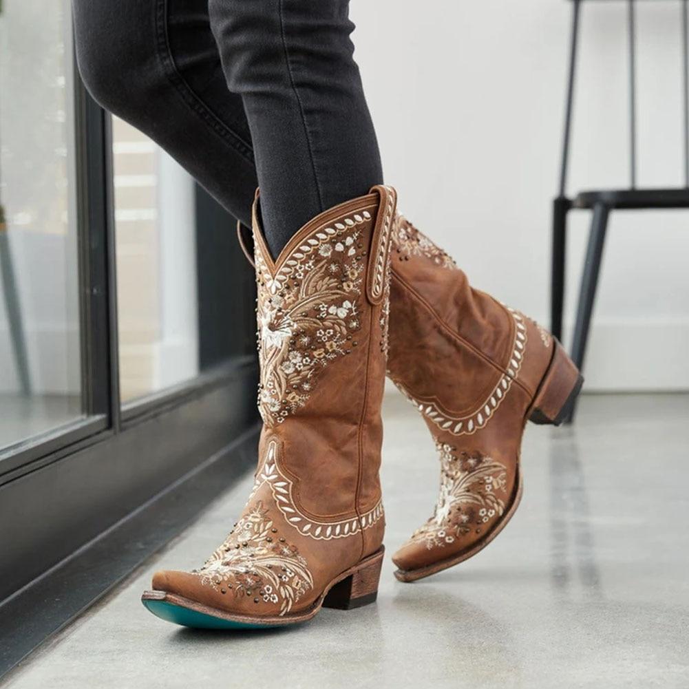 White Floral Embroidery Cowgirl Boots