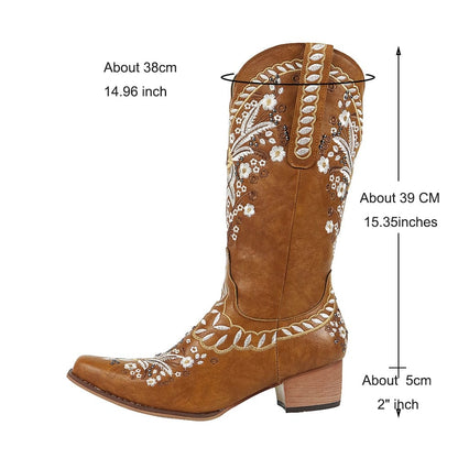 White Floral Embroidery Cowgirl Boots