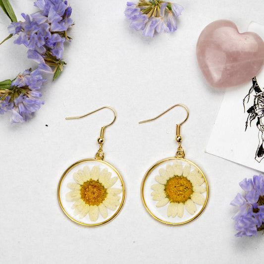 White Daisies Pressed Flower Earrings