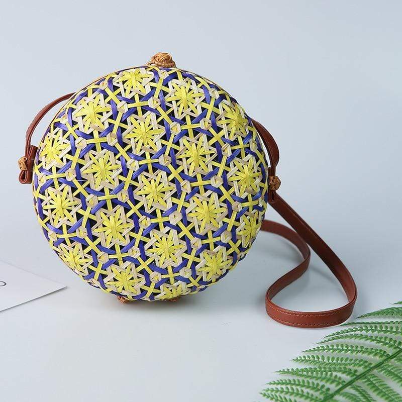 Round Colorful Flower Pattern Rattan Bag