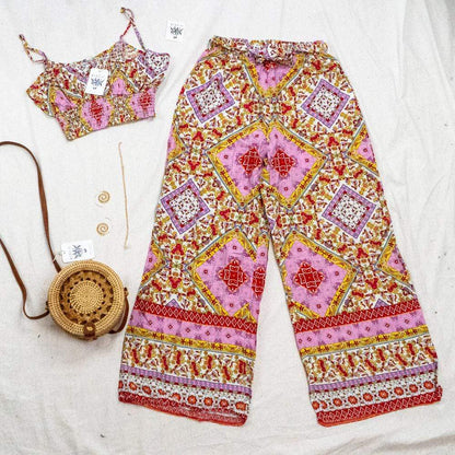 Yellow Tribal Print Shirred Cami Top & Belted Pants