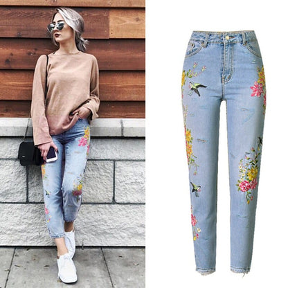 Floral Embroidered High Waist Jeans