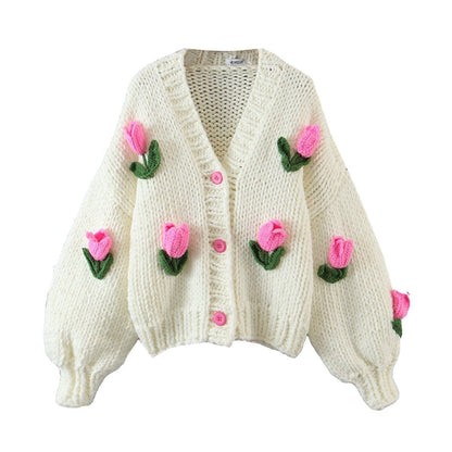 Embroidered Tulips Knit Cardigan