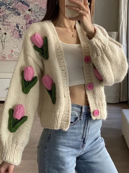 Embroidered Tulips Knit Cardigan