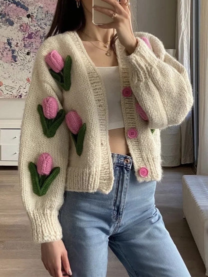 Embroidered Tulips Knit Cardigan