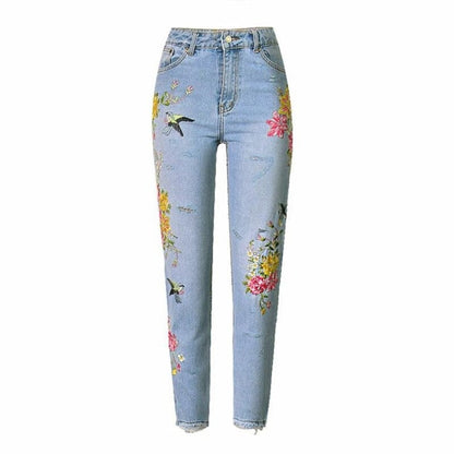 Floral Embroidered High Waist Jeans