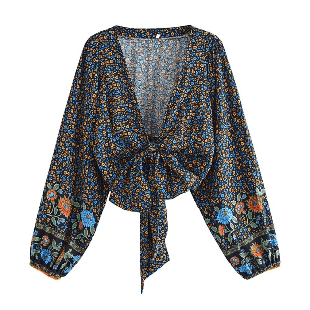 Freya Retro V Neck Bell Sleeve Blouse in Navy