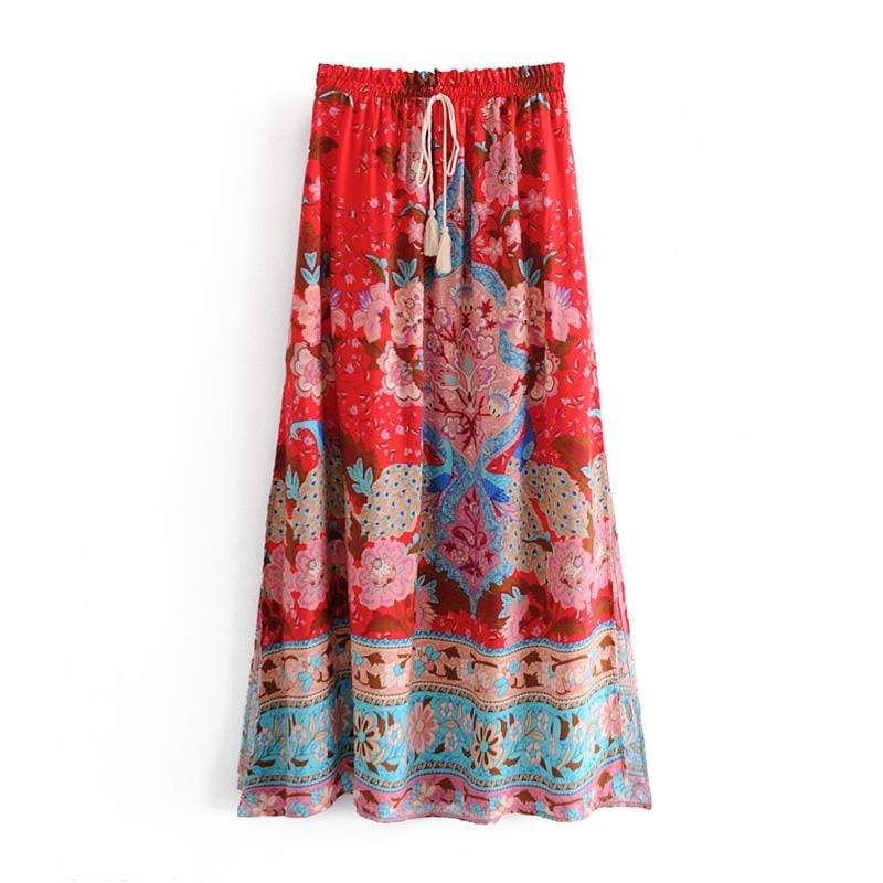 Allegra Red Floral Peacock Maxi Skirt