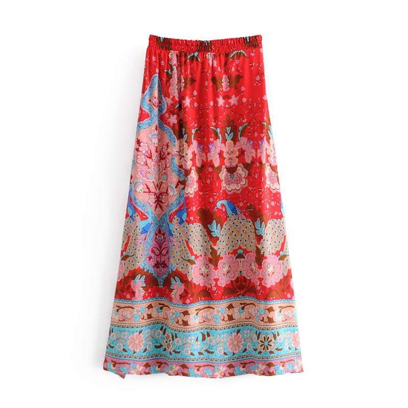 Allegra Red Floral Peacock Maxi Skirt