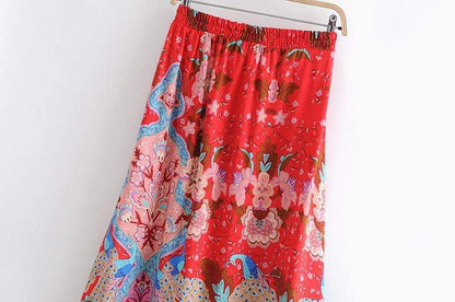 Allegra Red Floral Peacock Maxi Skirt