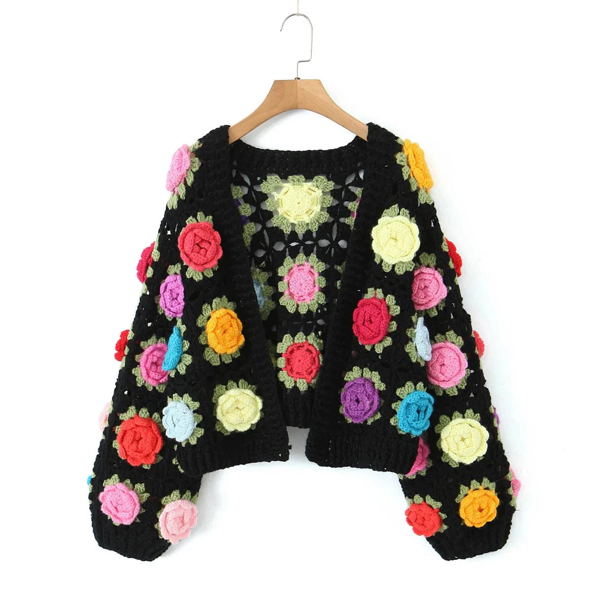 Hand-Crocheted 3D Flower Boho Cardigan