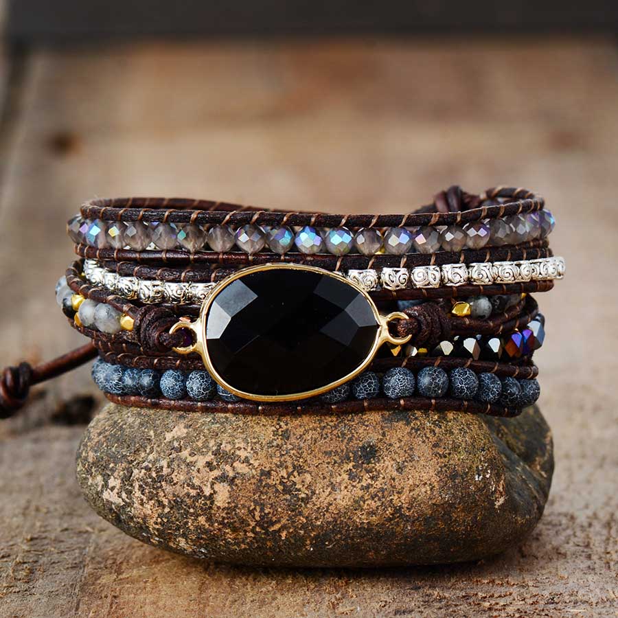 Black Onyx & Quartz Wrap Bracelet