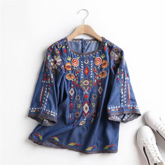 Marlee Floral Embroidery Denim Blouse