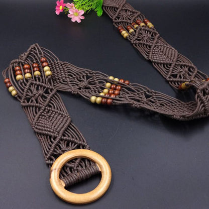 Boho Macrame Belt With Wooden Buckle