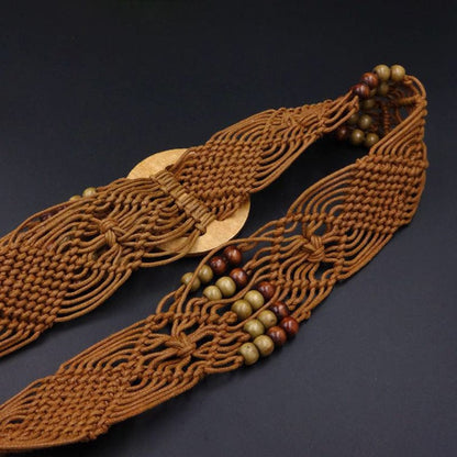 Boho Macrame Belt With Wooden Buckle