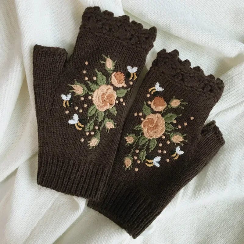 Floral Embroidery Fingerless Gloves