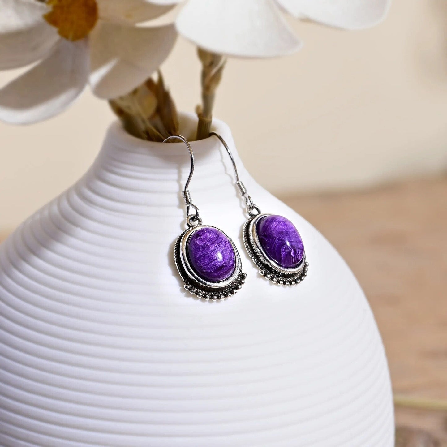 Natural Charoite Sterling Silver Drop Earrings