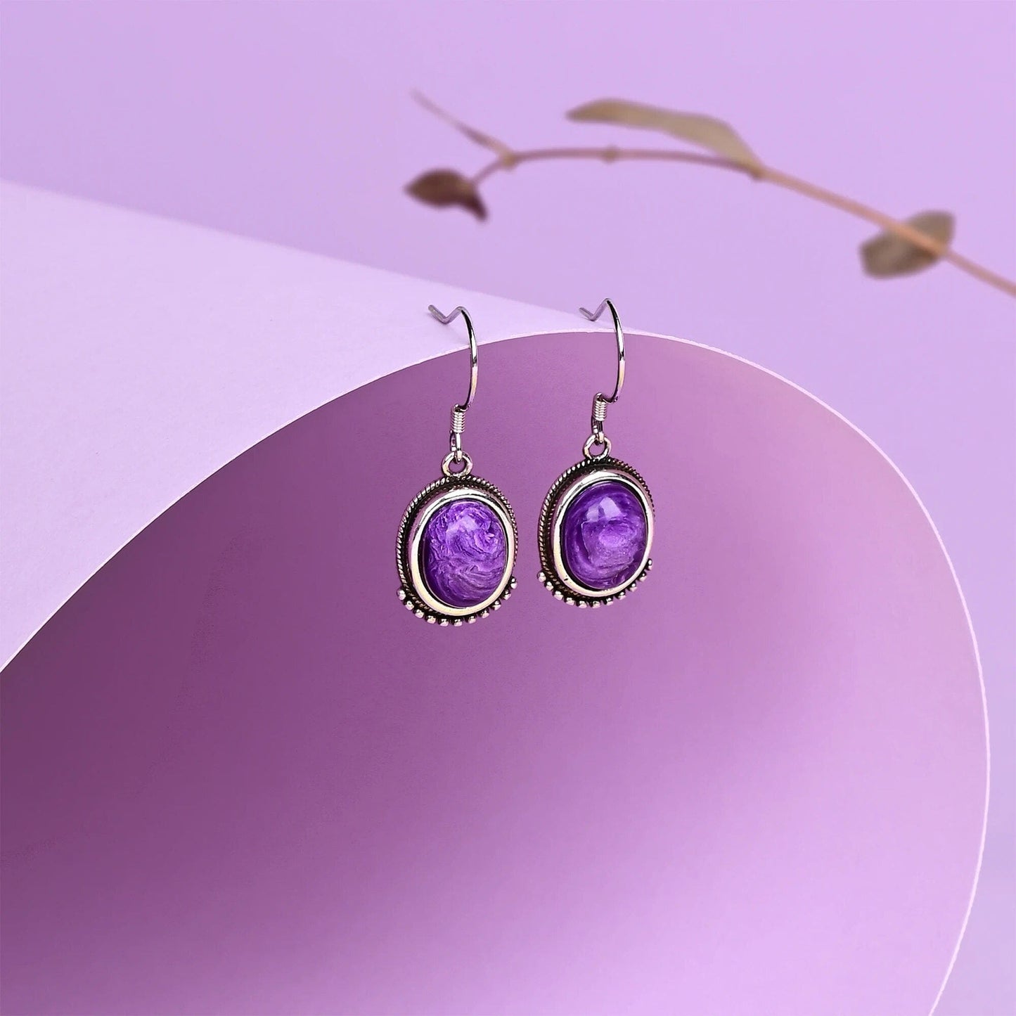 Natural Charoite Sterling Silver Drop Earrings