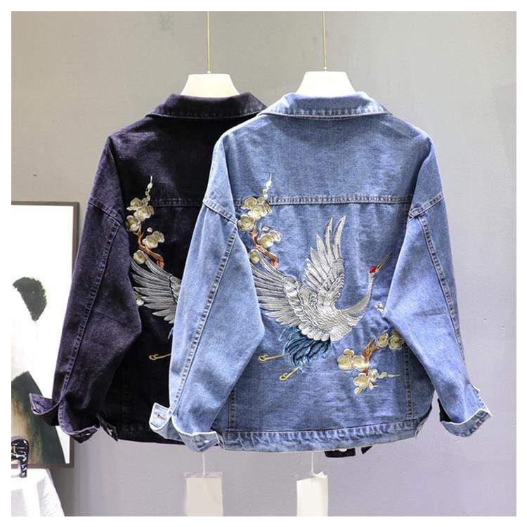 Crane Embroidered Denim Jacket (2 Colors)