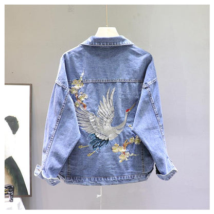 Crane Embroidered Denim Jacket (2 Colors)