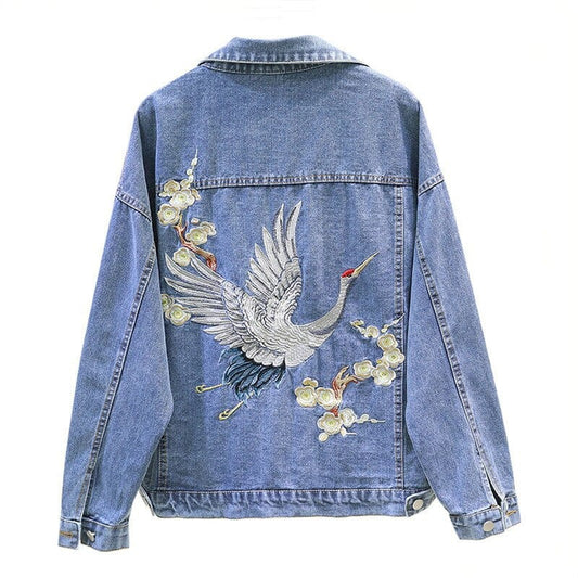 Crane Embroidered Denim Jacket (2 Colors)