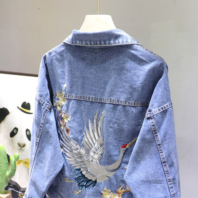 Crane Embroidered Denim Jacket (2 Colors)