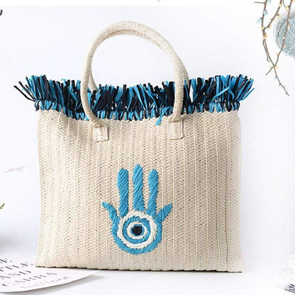 Evil Eye Hand Design Straw Tote Bag