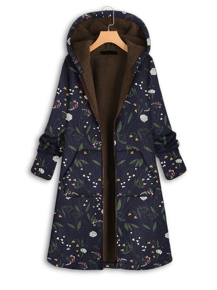 Floral Print Plush Hooded Coat